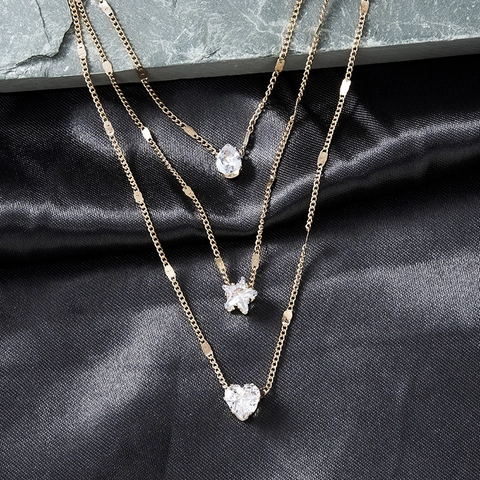 Minimalist Multi Layer Necklace Alloy Cubic Zirconia Heart Star Teardrop Pendant Elegant Jewelry For Women