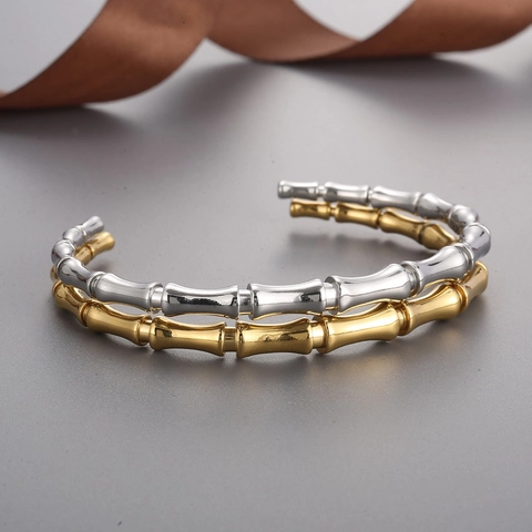 Pulsera De Brazalete Abierto Con Nudo De Bambú Acero Inoxidable Pulido Minimalista Unisex Joyería De Moda Accesorio