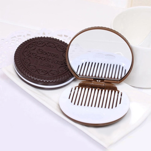 Portable Folding Makeup Mirror With Comb Round Chocolate Cookie Shape Cute Pocket Cosmetic Vanity Tool For Travel