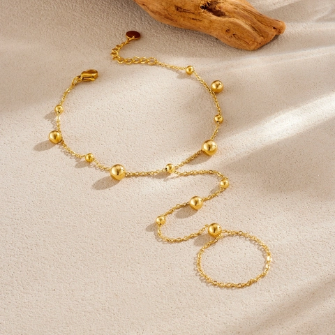 Hand Harness Bracelet Gold Plated Stainless Steel Round Bead Dainty Linked Finger Ring Chain For Women Minimalist Jewelry