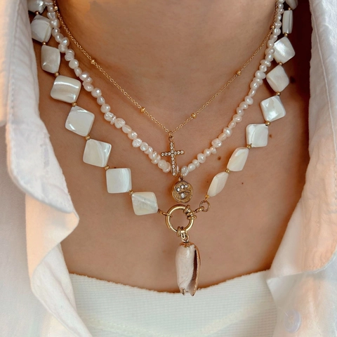 Collana Con Pendente A Croce In Acciaio Inossidabile Con Perla Artificial Naturale E Conchiglia Di Madreperla Strass Gioielli Donna