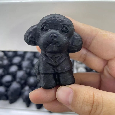 Natural Obsidian Crystal Puppy Dog Figurine Hand Carved Black Matte Animal Sculpture Home Office Desk Decor Ornament