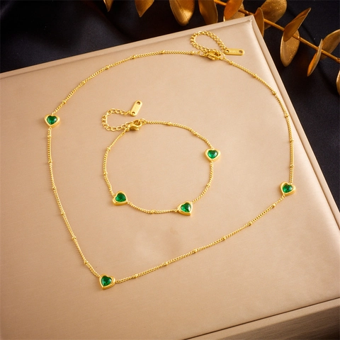 Hart Ketting En Armband Sieraden Roestvrij Staal Groen Kristal Ingelegd Elegante Ketting Mode Accessoires Voor Dames