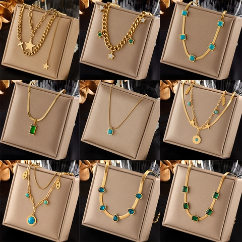 Vintage Stainless Steel Necklace For Women Gold Plated Emerald Zirconia Turquoise Star Pendant Fashion Jewelry Gift