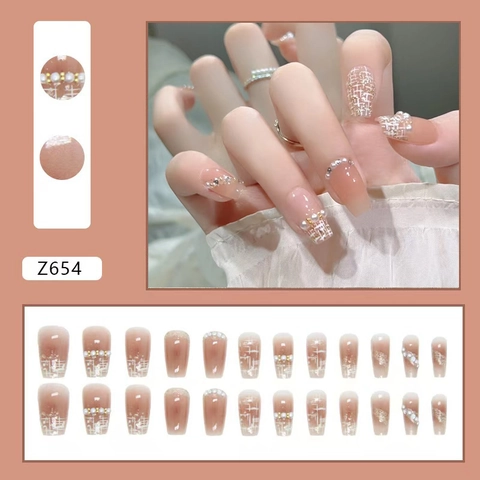 Unghie Finte Dolci Forma Ballerina Perla Artificial Strass Sfumato Rosa Motivo Quadri Unghie Eleganti Per Donne