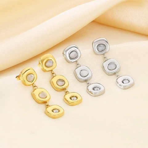 Pendientes Colgantes Cuadrados De Acero Inoxidable Con Piedra Ojo De Gato Y Circonita Geométrica De Tres Niveles Moda Mujer