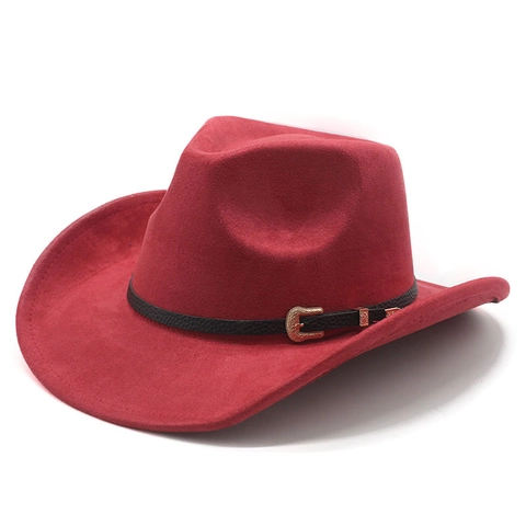 Cappello Da Cowboy Occidentale Camoscio Tesa Larga Retro Fibbia Cintura Decor Colore Solido Elegante Per Uomo Donna
