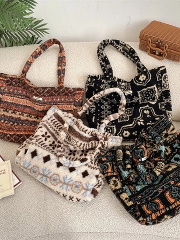 Borsa Tote Grande Capacità Peluche Lana Di Agnello Borsa A Spalla Stile Etnico Bohemien Motivi Geometrici Morbida Borsa Casual