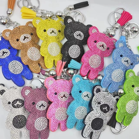 Llavero de Oso con Strass Lindo Anillo de Llave Animal con Strass para Mujer Encanto de Bolso con Borla Campana Joyería de Moda