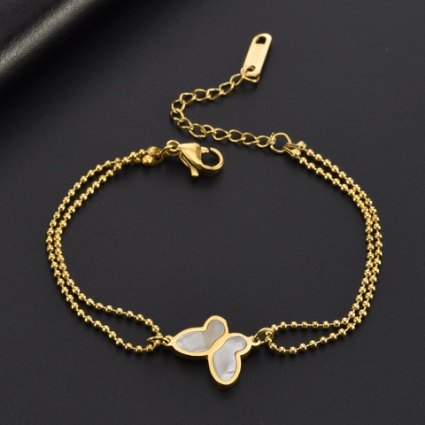 Minimalist Butterfly Mother-of-pearl Stainless Steel Double Layer Bead Chain Bracelet For Women Gold Rose Gold Jewelry