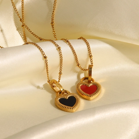 Collier Pendentif Cœur Double Face en Acier Inoxydable Vintage Luxe Léger Français Plaqué Or Bijoux de Cœur pour Femme Cadeau
