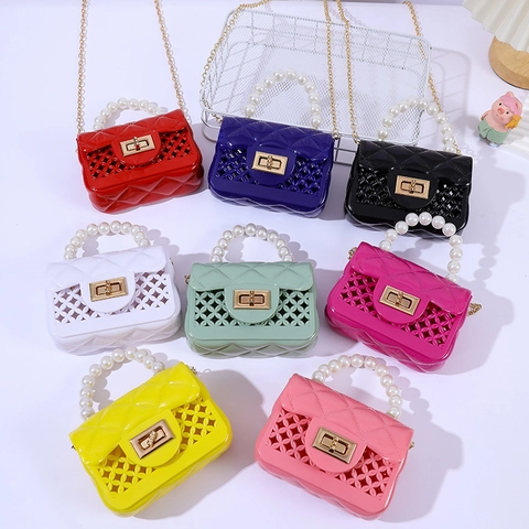 Mini Jelly Umhängetasche PVC Gesteppt Lochmuster Design Mit Kunstperlengriff Und Metallkette Für Damen