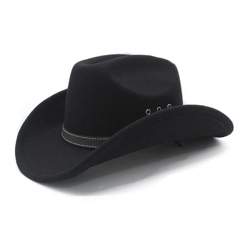 Unisex Western Cowboy Hat Wool Felt Wide Brim With Leather Band Metal Eyelets Vintage Style Outdoor Fedora Hat
