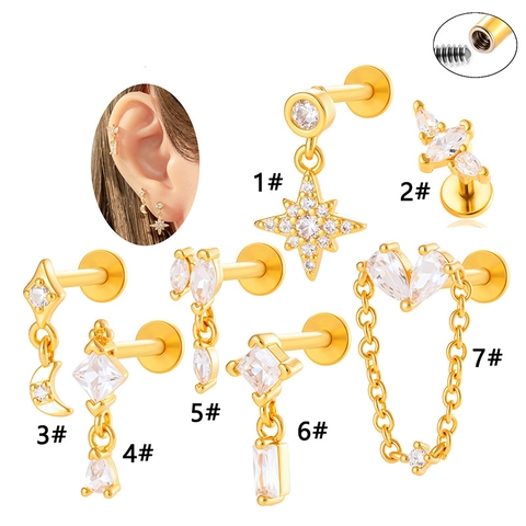 Lip Studs Ear Cartilage Piercing Jewelry Copper Cubic Zirconia Heart Star Moon Flat Back Titanium Rod Trendy Women
