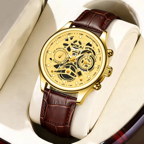 Men Quartz Watch Gold Tone Case Brown PU Leather Strap Hollow Dial Design Business Casual Analog Classic Fashion Accessory
