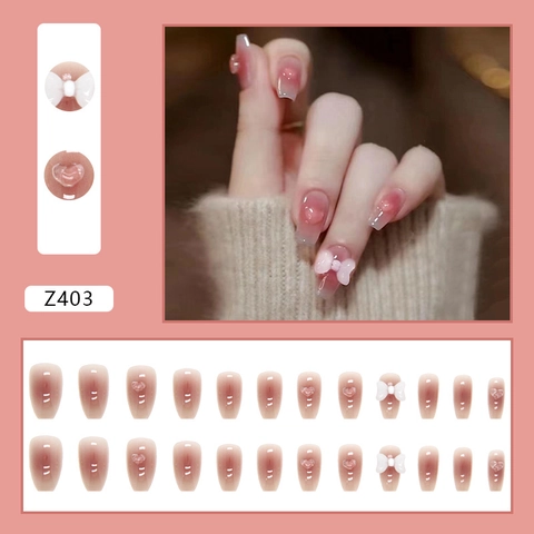Unghie Press On Sfumate Rosa Lucido Con Decorazioni Fiocco Bianco 3D E Cuore Eleganti Unghie Finte Dolci