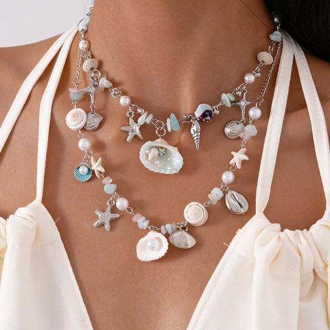 Collar Colgante Concha Estrella De Mar Cadena Aleación Con Perlas Artificiales Imitación Y Piedras Trituradas Mujer Vacaciones Verano