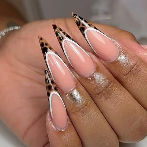 Uñas Postizas Largas Stiletto Estampado Leopardo French Tip Brillo Rosa Nude Uñas Artificiales Para Mujeres