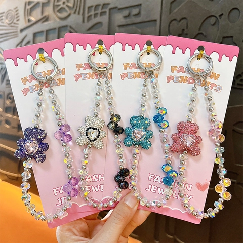 Cute Rhinestone Heart Bear Phone Strap Beaded Acrylic Iridescent Keychain Bag Pendant Accessory For Women Girls Gift