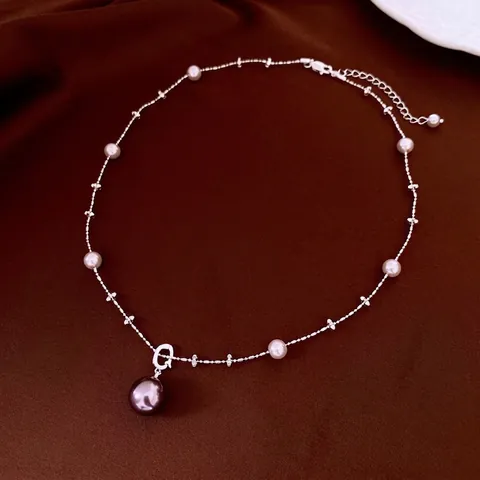 French Style Pendant Necklace Copper Zircon Imitation Purple Pink Artificial Pearls Elegant Jewelry For Women