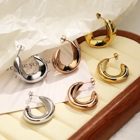 C-Shape Hoop Earrings Stainless Steel Vacuum Plated 18K Gold Minimalist Polished Geometric Fashion Jewelry For Women