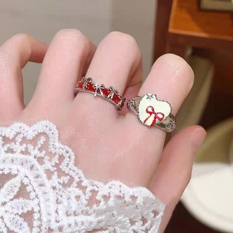 Französische Süße Girly Schleife Herz Zinklegierung Ring Galvanisiert Rot Emaille Strass Verstellbarer Mode Ring Für Damen Schmuck Geschenk