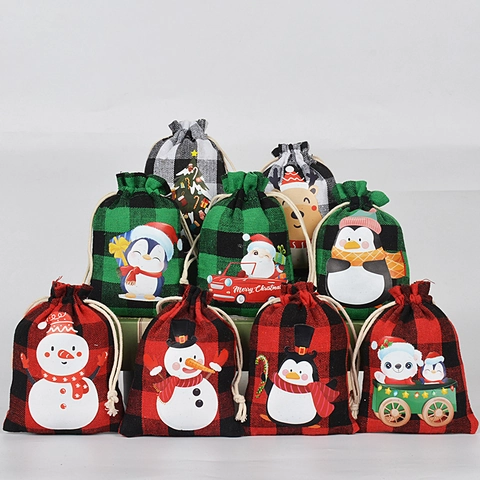 Christmas Drawstring Gift Bags Plaid Cotton Linen Candy Packaging Reindeer Snowman Santa Holiday Storage