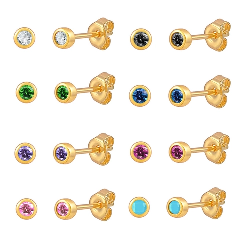 Minimalist Round Colorful Cubic Zirconia Stud Earrings With 925 Sterling Silver Earring Post For Women