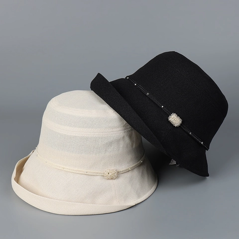Women Bucket Hat Japanese Wash Paper Polyester Artificial Pearl Beaded Sun Protection Breathable Foldable French Style