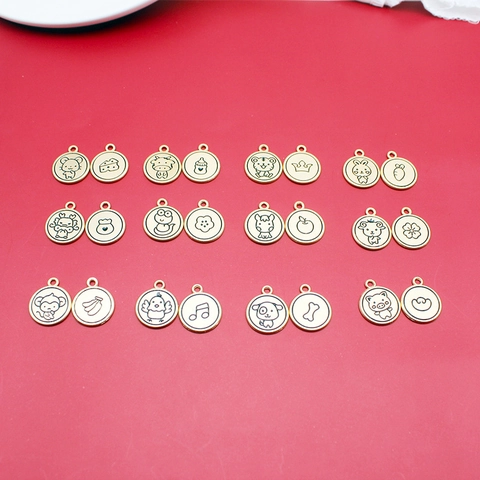 Round Chinese Zodiac Charms Alloy Gold Plated Double Sided Cartoon Animal Pendants For DIY Jewelry Making Accessories