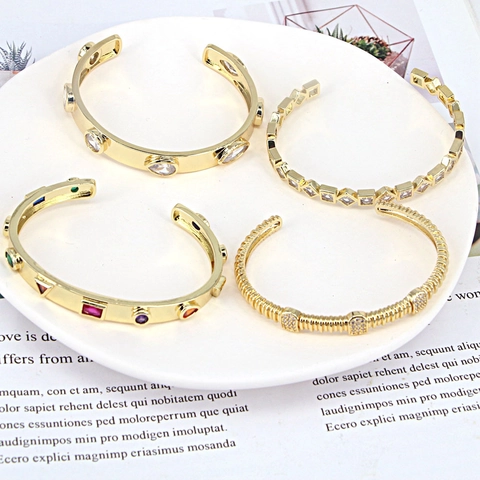 Vergulde Koperen Manchet Armband Met Zirkoon Geometrisch Verstelbare Open Bangle Voor Vrouwen Mode Sieraden