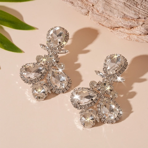 Waterdrop Dangle Earrings With Silver Earring Post Copper Clear Rhinestone Geometric Luxury Shiny Wedding Evening For Women