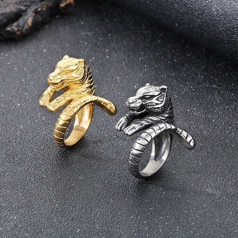 Men Tiger Head Ring Stainless Steel Punk Rock Retro Dominating Animal Zodiac Statement Jewelry Gold Silver Tone