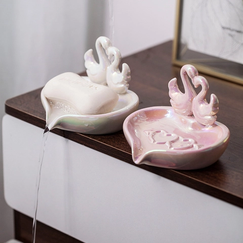 Porte-Savon En Céramique En Forme De Cœur De Cygne Auto-Drainant Plateau À Bijoux Décoratif Vernis Perlé Décor De Salle De Bain