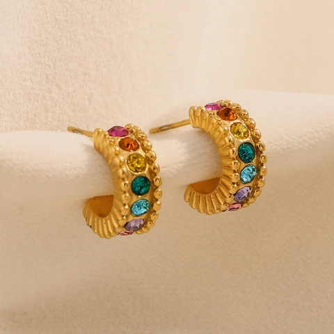 Pendientes De Botón En Forme De C Bañado En Oro De 18K Acero Inoxidable Circonita Arcoíris Moda Para Mujeres