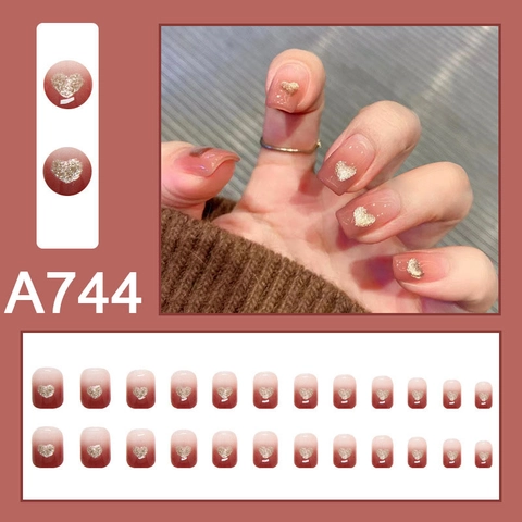 Press On Nails Pink Gradient Gold Glitter Heart Short Square Round Removable Reusable Acrylic Elegant Manicure Art For Women