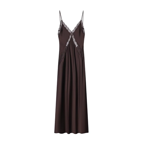 Damen Satin Midi Kleid Spitze Besatz Spaghettiträger Tiefer V Ausschnitt Satinntextur Rückenfrei Elegant Party Kleid