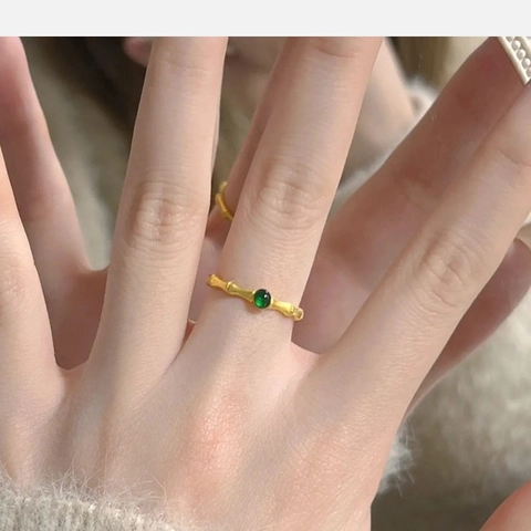 Anillo Abierto Nudo De Bambú Cobre Con Piedra Preciosa Verde Estilo Chino Joyería De Dedo Ajustable Para Mujer