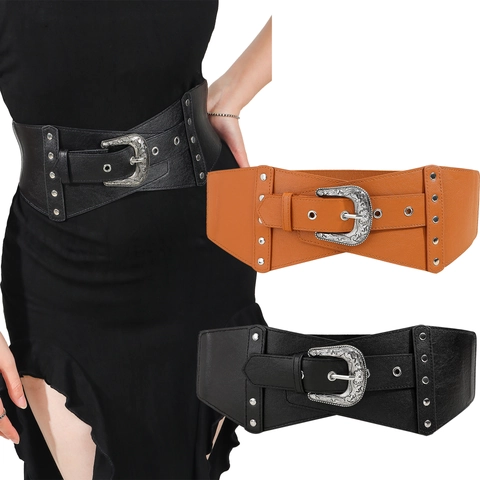 Cintura a Corsetto Larga Vintage da Donna Con Fibbia Floreale Intagliata Cintura Elastica in Vita Retro Rivetti Decorativa Cintura Cinch per Abiti