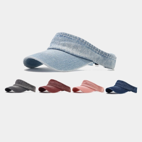 Retro Denim Sun Visor Hat For Men Women Adjustable Washed Cotton Canvas Empty Top Cap Outdoor Sports Tennis Running Beach Visor