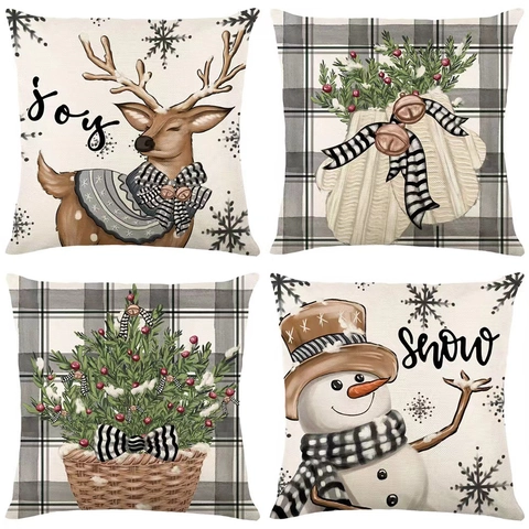 Housse De Coussin Décorative De Noël Aspect Lin Flocon De Neige Renne Sapin De Noël Décoration De Maison Carrée