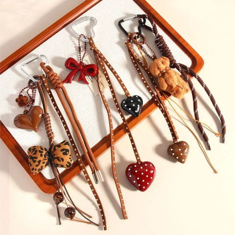 Handmade Bow Heart Bag Charm PU Leather Polka Dot Pendant Studded Keychain For Handbags And Backpacks Ins Style Accessory