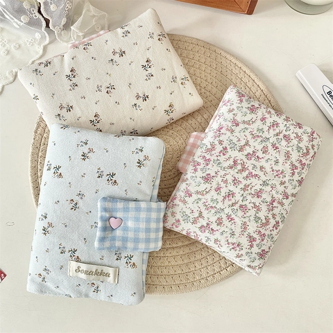 Floral Fabric Book Sleeve Plaid Notebook Cover Zakka Pastoral Stationery Organizer Bag Heart Button Journal Protector