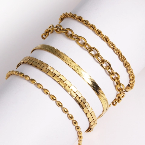 Gold Bracelet Stainless Steel 18K Gold Plated Snake Bone Bead Figaro Rope Chain Minimalist Fashion Light Luxury Jewelry