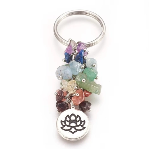 Colorful Natural Crystal Chip Seven Chakra Keychain With Life Tree Lotus Om Metal Pendant Spiritual Yoga Healing Stone Keyring For Women Men Backpack Accessories