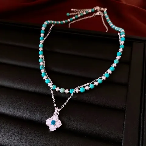 Collana Doppio Strato Rame Turchese Sintetico Ciondolo Quadrifoglio Zircone Gioielli Stile Boho Vintage Donna