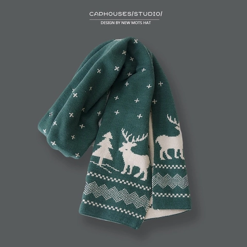 Christmas Reindeer Snowflake Pattern Knit Scarf For Women Winter Warm Polyester Lengthened Neck Warmer Scarf Holiday Gift