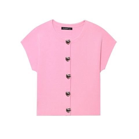 Pink Short Sleeve Knit Cardigan Round Neck Top With Silver Heart Buttons Elegant Sweet Polyester Solid Knitwear