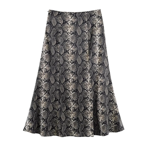 Women High Waist Snake Print Midi Skirt Satin Feel A-Line Sexy Animal Pattern Elegant Streetwear Polyester