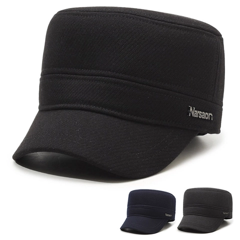Heren Winter Warme Cadet Cap Twill Katoen Fleece Gevoerde Leger Hoed Met Oorkleppen Verstelbare Platte Pet Outdoor